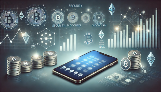 A landscape illustration of a cryptocurrency app interface on a smartphone, with surrounding icons representing Bitcoin, Ethereum, security, and blockchain.