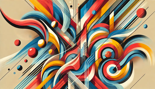 A vibrant abstract art piece with bold, dynamic shapes and vibrant colors. The composition features a mix of geometric and organic forms, with swirling lines, sharp angles, and overlapping patterns.