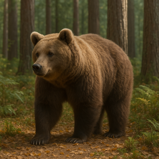 A large adult brown bear (Ursus arctos) stands in a sunlit forest clearing, its thick, shaggy brown coat blending with the fallen leaves as it sniffs the air, powerful shoulders hunched and rounded ears alert against a backdrop of pine trunks and ferns.