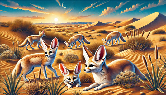 Illustration of several fennec foxes foraging and resting in a sandy, semi-arid environment with sparse vegetation and dunes. The scene includes a clear blue sky and a setting sun.