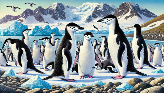 Illustration of several Chinstrap Penguins in their natural Antarctic and sub-Antarctic habitat, featuring distinctive black chinstrap markings, white faces, and black backs.