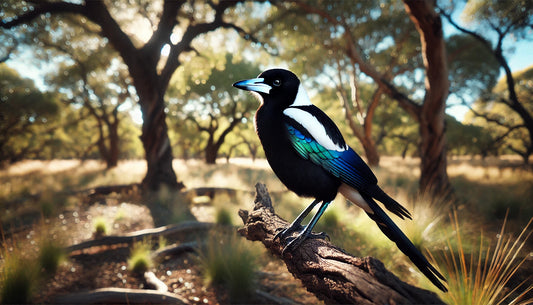 A Black-billed Magpie perched on a branch in an open woodland. The bird has striking black and white plumage with iridescent blue and green highlights on its wings and tail.