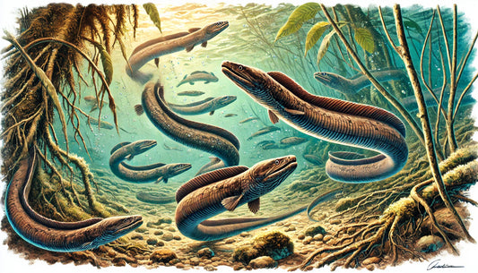 Illustration of several electric eels swimming in their natural freshwater habitat. The scene includes a muddy river with submerged vegetation and rocks, set in a murky underwater environment typical of the Amazon Basin.