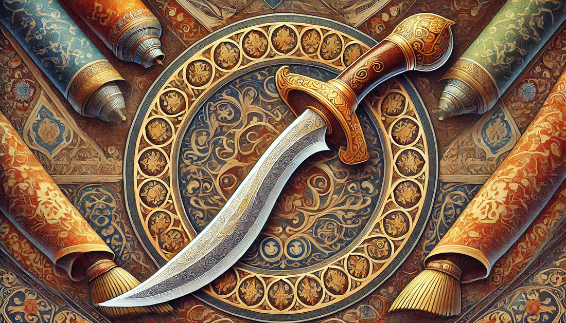 A detailed and vibrant illustration of a Shamshir, the traditional Persian curved sword. The image showcases the Shamshir’s deeply curved blade, elegant handle, and intricate gold inlay and engravings.