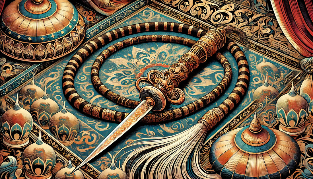 A detailed and vibrant illustration of an Urumi, the traditional Indian flexible sword. The image showcases the Urumi’s long, whip-like blade, central handle, and intricate gold inlay and engravings.