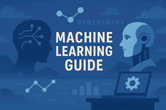A digital illustration titled “MACHINE LEARNING GUIDE” with bold white text centered on a blue gradient background.