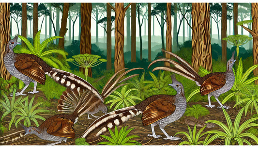 Illustration of several lyrebirds in their natural forest habitat. The scene includes lyrebirds foraging and performing courtship displays on the forest floor, surrounded by dense vegetation and tall trees.