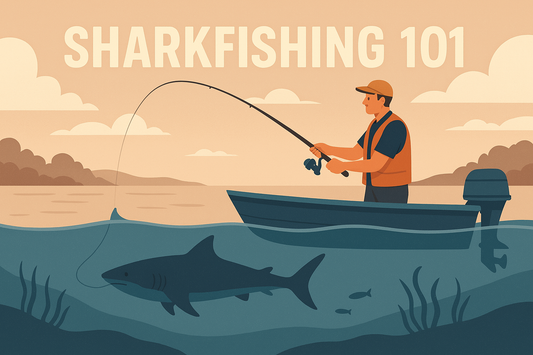 A digital illustration titled “Sharkfishing 101” showing a fisherman on a small blue boat casting his line into the ocean, where a large shark swims just below the surface.
