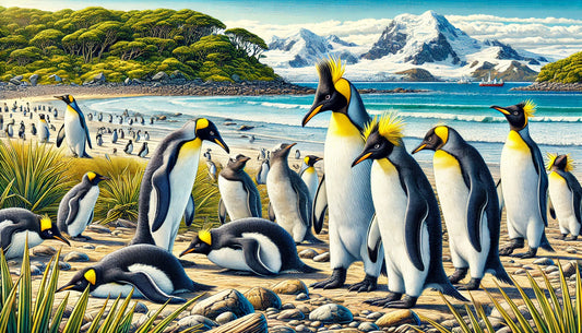 Illustration of several Royal Penguins in their natural habitat on Macquarie Island, featuring distinctive yellow crests, white faces, and black-and-white plumage.