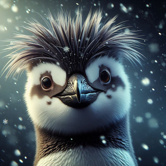 A close-up illustration of an Erect-crested Penguin with distinctive upright yellow crests, black face, and white underparts, depicted in a snowy environment.