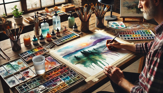 An artist painting a vibrant watercolor landscape on a large sheet of watercolor paper in a well-lit studio.