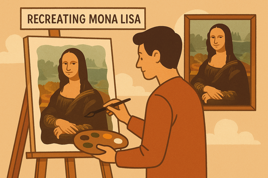 A digital illustration of an artist painting a modern recreation of the Mona Lisa. The artist stands at an easel, brush in hand, carefully working on a simplified version of the iconic portrait.