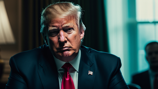 A realistic portrait of a man resembling Donald Trump, wearing a dark suit and a red tie. He has blond hair styled in a comb-over and is sitting in an indoor setting with subtle lighting.