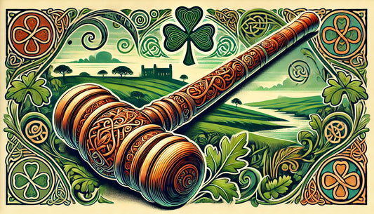 A detailed and vibrant illustration of a Shillelagh, the traditional Irish wooden club. The image showcases the Shillelagh’s robust construction, knobbed head, and intricate carvings or engravings.
