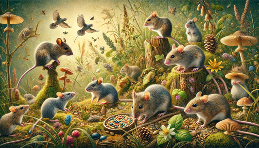 a vibrant and detailed scene featuring wild mice in their natural habitat. The diverse behaviors and interactions of these small yet vital creatures are beautifully captured in their lush forest environment.