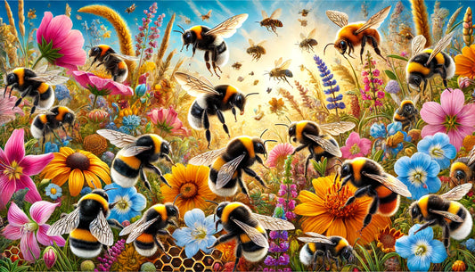 vibrant and detailed bumble bees in their natural habitat, showcasing their essential role in pollination within a lush garden. Enjoy the lively and colorful depiction of these industrious insects!