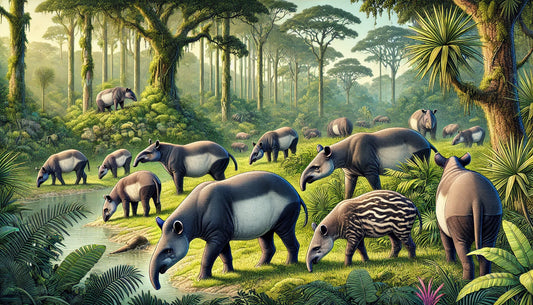 Illustration of several tapirs grazing and resting in their natural habitat. The scene includes a dense tropical rainforest with tall trees, lush green foliage, and a nearby water source.