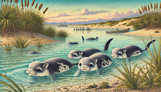 Illustration of several vaquitas swimming in the shallow, turbid waters of the northern Gulf of California. The scene includes a coastal landscape with calm seas, aquatic plants, and some land features in the background.