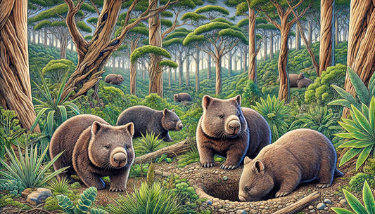 Illustration of several wombats grazing and burrowing in their natural habitat. The scene includes an Australian forest with tall trees, lush green foliage, and visible burrow entrances.