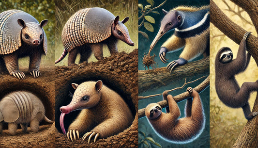 A composite image showing different Xenarthrans: an armadillo digging a burrow, an anteater using its long tongue to feed on insects, and a sloth hanging from a tree branch, illustrating their unique adaptations and behaviors.