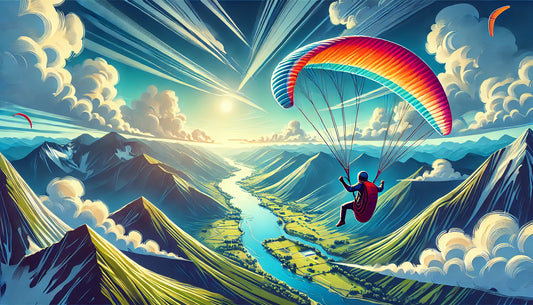 A vibrant and dynamic illustration of a paraglider soaring high above stunning landscapes, showcasing the thrill and beauty of paragliding.