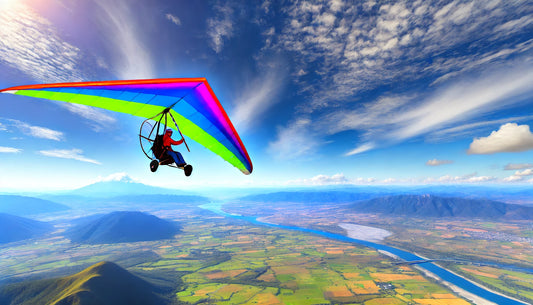A vibrant and dynamic illustration of a hang glider soaring high above stunning landscapes, showcasing the thrill and beauty of hang gliding.