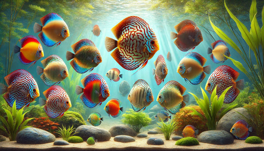 A group of discus fish swimming gracefully in a clear aquarium with aquatic plants and rocks.