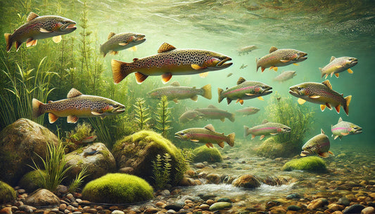 A group of trout swimming gracefully in a clear freshwater environment with aquatic plants and rocks. The image features both brown trout with their golden-brown bodies and dark spots.