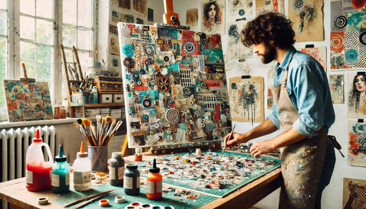 An artist creating a mixed media artwork in a well-lit studio. The artwork combines collage elements, paint, and found objects.