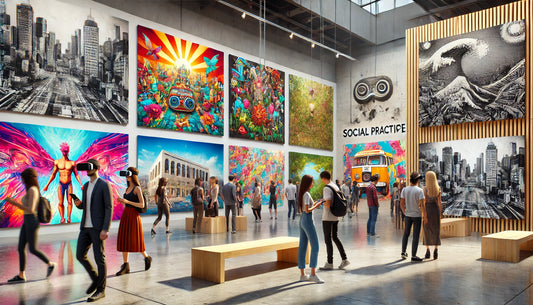 A dynamic contemporary art gallery scene featuring diverse artworks. Digital art on screens, vibrant street art-inspired murals, eco-friendly installations using natural materials, and interactive social practice pieces.