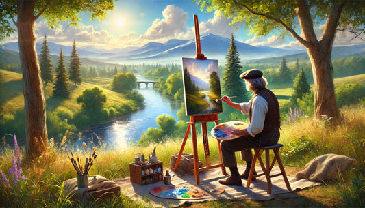 An artist painting a landscape en plein air, capturing the beauty of a serene outdoor scene. The artist is seated with a portable easel, surrounded by nature, including trees, a flowing river, and mountains in the distance.