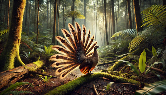 An Albert's Lyrebird in a lush Australian rainforest setting. The bird is standing on the forest floor, displaying its magnificent tail feathers.