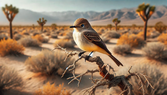 An Ash-throated Flycatcher perched on a branch in a desert scrubland environment. The bird's pale gray throat, yellowish belly, and olive-brown upperparts are clearly visible.