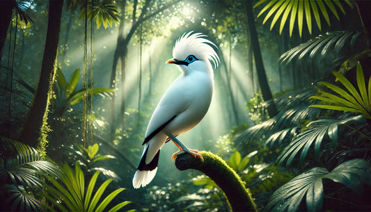 A Bali Myna perched on a branch in a lush tropical forest setting. The bird's brilliant white plumage, bright blue facial skin, and black wingtips and tail feathers are clearly visible.
