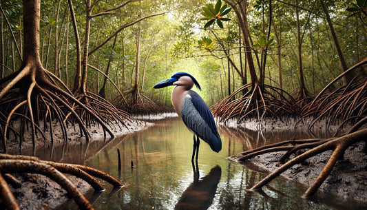 A Boat-billed Heron standing in a shallow mangrove swamp. The bird has a black crown, white to buff underparts, gray to brown upperparts, and a broad, boat-shaped bill.