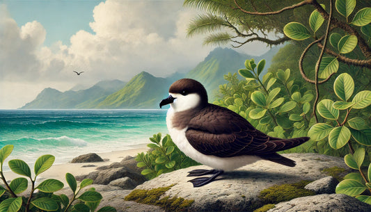 A Bonin Petrel in its natural habitat. The bird is small with dark upperparts and white underparts, including a distinctive dark cap and nape.