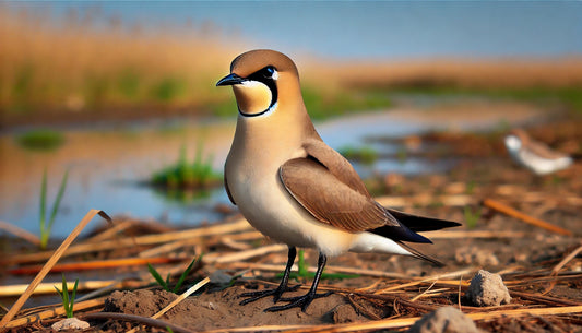 A Collared Pratincole in its natural habitat. The bird is medium-sized with a buff-brown upper body, white underparts, and a distinctive black collar around the neck. It has long, pointed wings and a forked tail, and a short black bill.