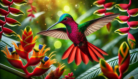A Crimson Topaz hummingbird in its natural habitat. The bird is large for a hummingbird, with iridescent crimson and gold plumage, a green crown, and a bright blue throat. Males have long tail feathers tipped with white.