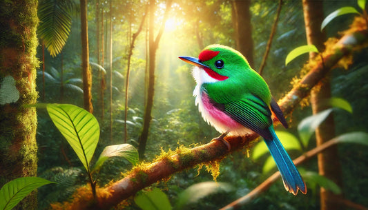 A Cuban Tody in its natural habitat. The bird is small with a bright green back, a red throat, a white underbelly, and blue highlights on the wings and tail. It has pinkish flanks and a yellowish lower mandible.