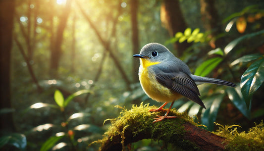 An Eastern Yellow Robin in its natural habitat. The bird is medium-sized with bright yellow underparts, olive-gray upperparts, a pale gray face, and a white wing bar. It has a yellow rump.