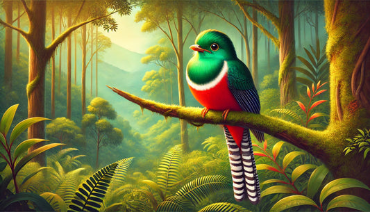 An Elegant Trogon in its natural habitat. The bird is medium-sized with a metallic green head and upperparts, a bright red belly, and a white band separating the two.