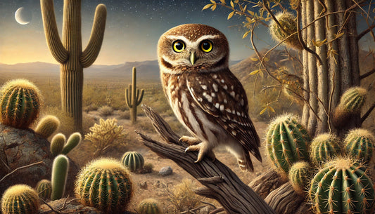 An Elf Owl in its natural habitat. The bird is very small with brownish-gray plumage, white spots on the shoulders, and fine streaks on the chest. It has large yellow eyes and a short, curved bill.