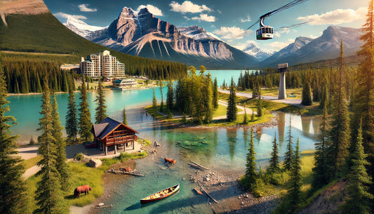 A stunning view of Jasper, Canada, featuring iconic landmarks and natural beauty. In the foreground, there's a clear lake with a wooden canoe floating near the shore, surrounded by lush green trees.