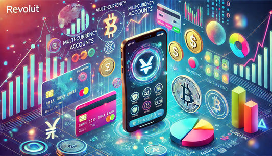 A vibrant digital scene showcasing the Revolut app interface on a smartphone. The screen displays various features like multi-currency accounts, budgeting tools, and cryptocurrency trading.