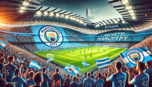 A vibrant scene of a Manchester City football match at the Etihad Stadium. The stadium is packed with enthusiastic fans, waving flags and wearing the team's sky blue colors.