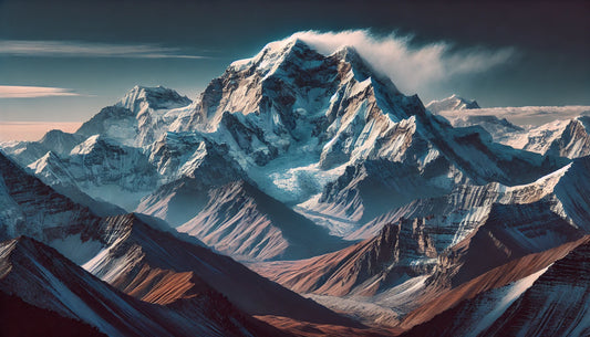 A stunning view of Dhaulagiri featuring its snow-covered peak under a clear blue sky. The rugged terrain of the Himalayas is visible, capturing the mountain's majestic beauty and challenging conditions.
