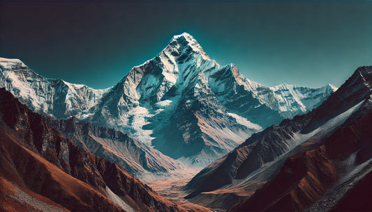 A stunning view of Annapurna I featuring its snow-covered peak under a clear blue sky. The rugged terrain of the Himalayas is visible, capturing the mountain's majestic beauty and challenging conditions.