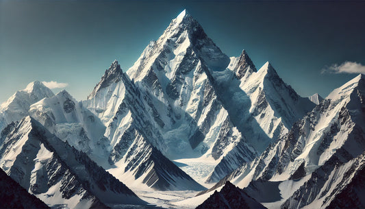 A stunning view of Gasherbrum I (Hidden Peak) in the Karakoram Range, featuring its towering snow-covered summit against a clear blue sky.