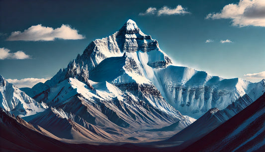 A stunning view of Shishapangma in Tibet, China, featuring its towering snow-covered summit against a clear blue sky. The mountain stands majestically, capturing the essence of high-altitude beauty and mountaineering challenge.