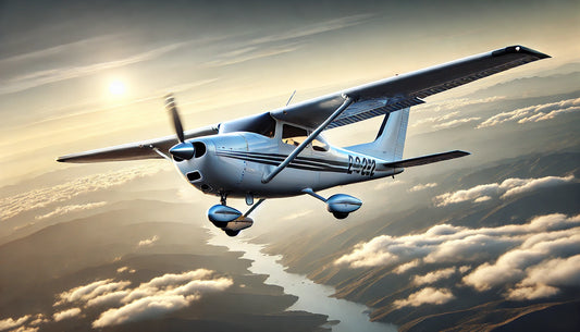 A Cessna 182 Skylane in flight, showcasing its sleek design and versatility as a general aviation aircraft. The aircraft is known for its reliability, performance, and comfort in various flight missions.